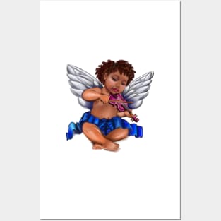 Black Angel playing the violin - Serene sun kissed curly haired Baby cherub angel classical art Posters and Art